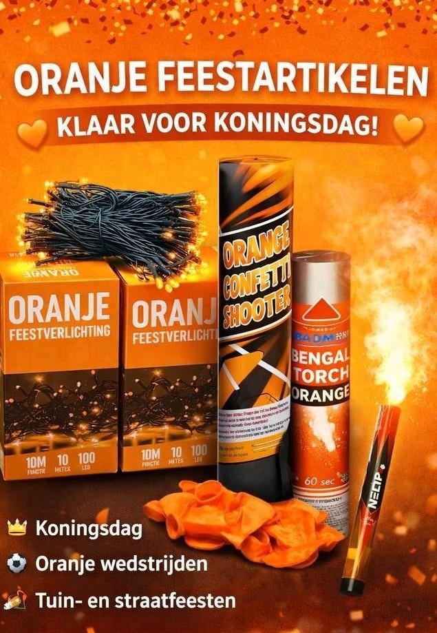 Oranje feestartikelen: verlichting, confetti en fakkels, Hobby en Vrije tijd, Feestartikelen, Ophalen of Verzenden, Nieuw, Versiering