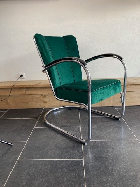 Gispen 412 fauteuil, chroom, nieuwe donkergroene ribstof, Design, 75 tot 100 cm, Zo goed als nieuw, Stof