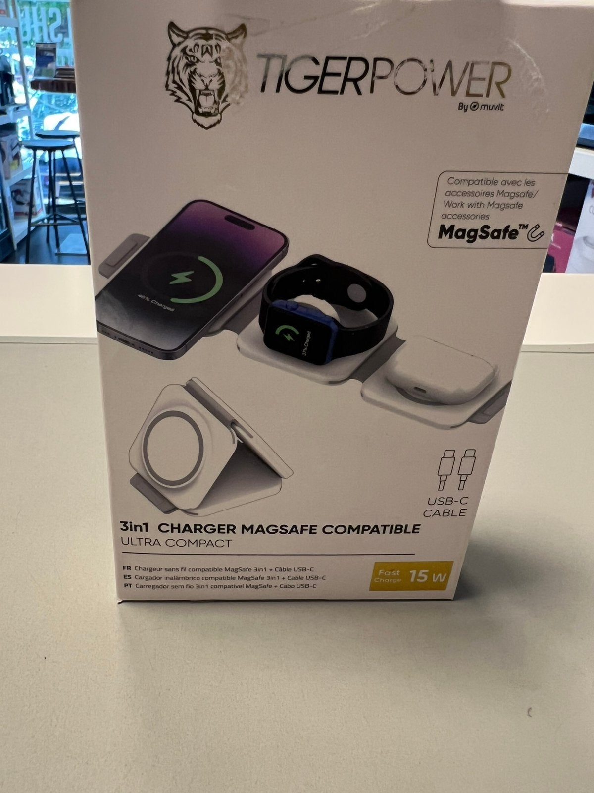 Muvit Tiger MagSafe 3 in 1 Draadloze Oplader - Wit, Oplaadstation, Nieuw, Ophalen of Verzenden, Nvt