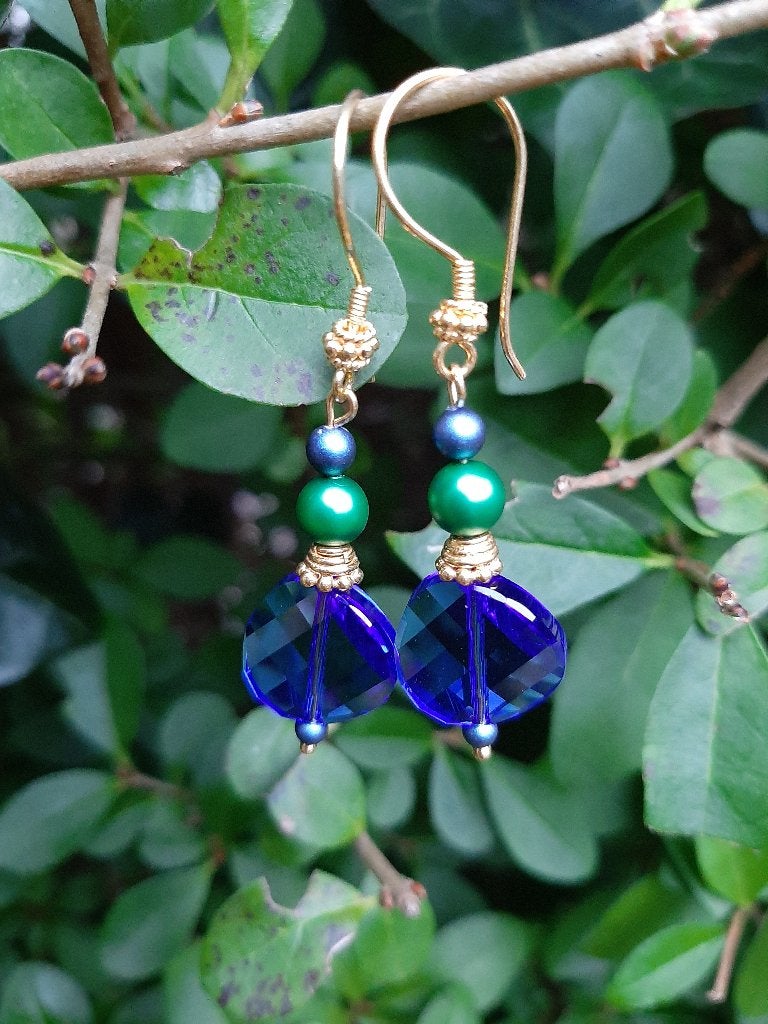 Oorbellen Blue Twist swarovski kristal-parels goud, Hangers, Blauw, Nieuw, Goud