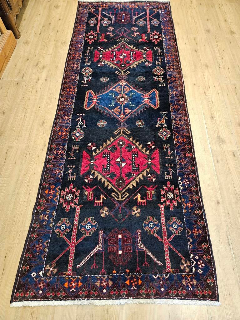 Vintage handgeknoopt perzisch tapijt loper hamadan 302x108, Info@SlatsAntiek.nl, Tweedehands, 100 tot 150 cm, Perzisch