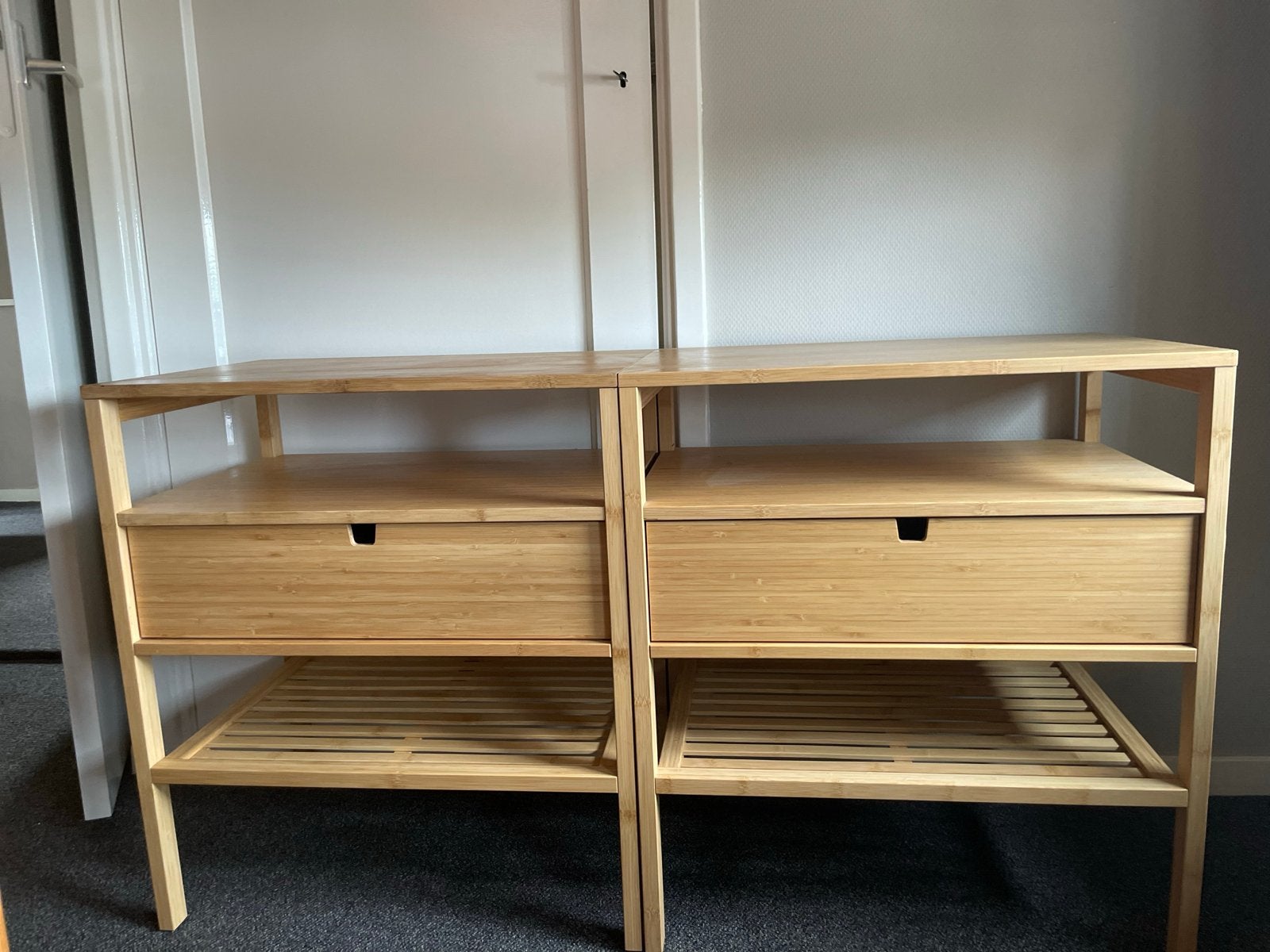 IKEA NORDKISA Nachtkastjes bamboe met lade en plank, Ophalen, 55 tot 70 cm, Zo goed als nieuw, 45 tot 65 cm