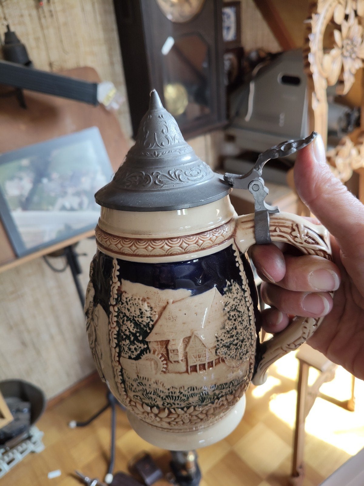 Vintage Duitse Bierpul met Reliëf en Tin Deksel, Antiek en Kunst, Antiek | Keramiek en Aardewerk, Ophalen of Verzenden