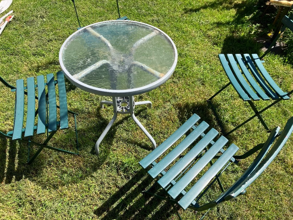bistro set groene stoelen 4 stuks + tafels, Ophalen, Gebruikt, Bijzettafel, Tuinset