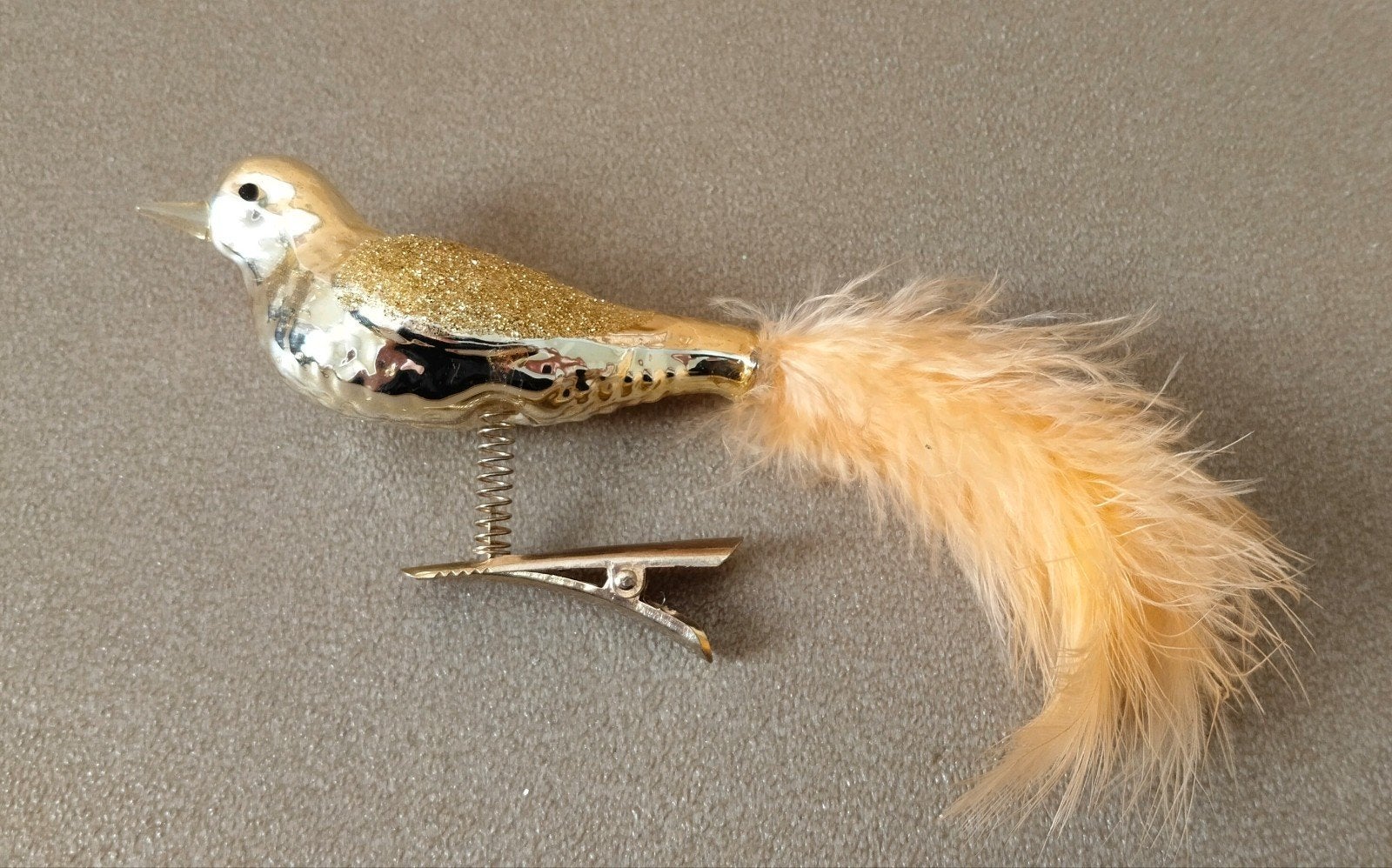 Glazen vogeltje met pluim staart Kerst ornament Goud/Zalm, Verzenden, Nieuw
