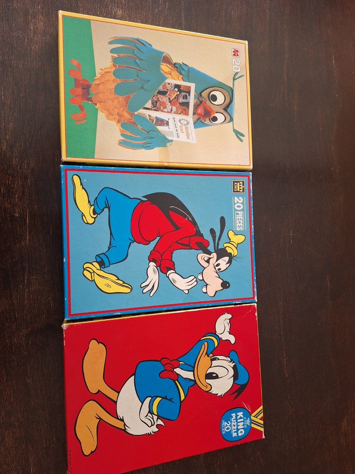 3 Puzzels van 20 stukjes: meneer de uil, Goofy & Donald Duck, Ophalen of Verzenden, 10 tot 50 stukjes, Gebruikt, 4 tot 6 jaar