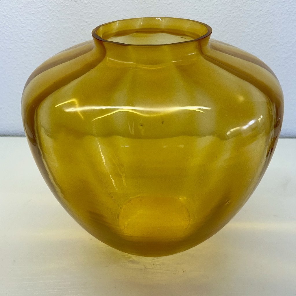 Retro Oker-geel glazen Vaas, Gebruikt, Ophalen of Verzenden, Glas, Met patroon/structuur