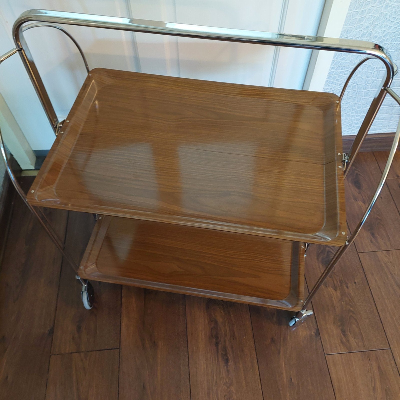 Vintage Opvouwbare Serveerwagen - Chroom & Houtlook, Ophalen