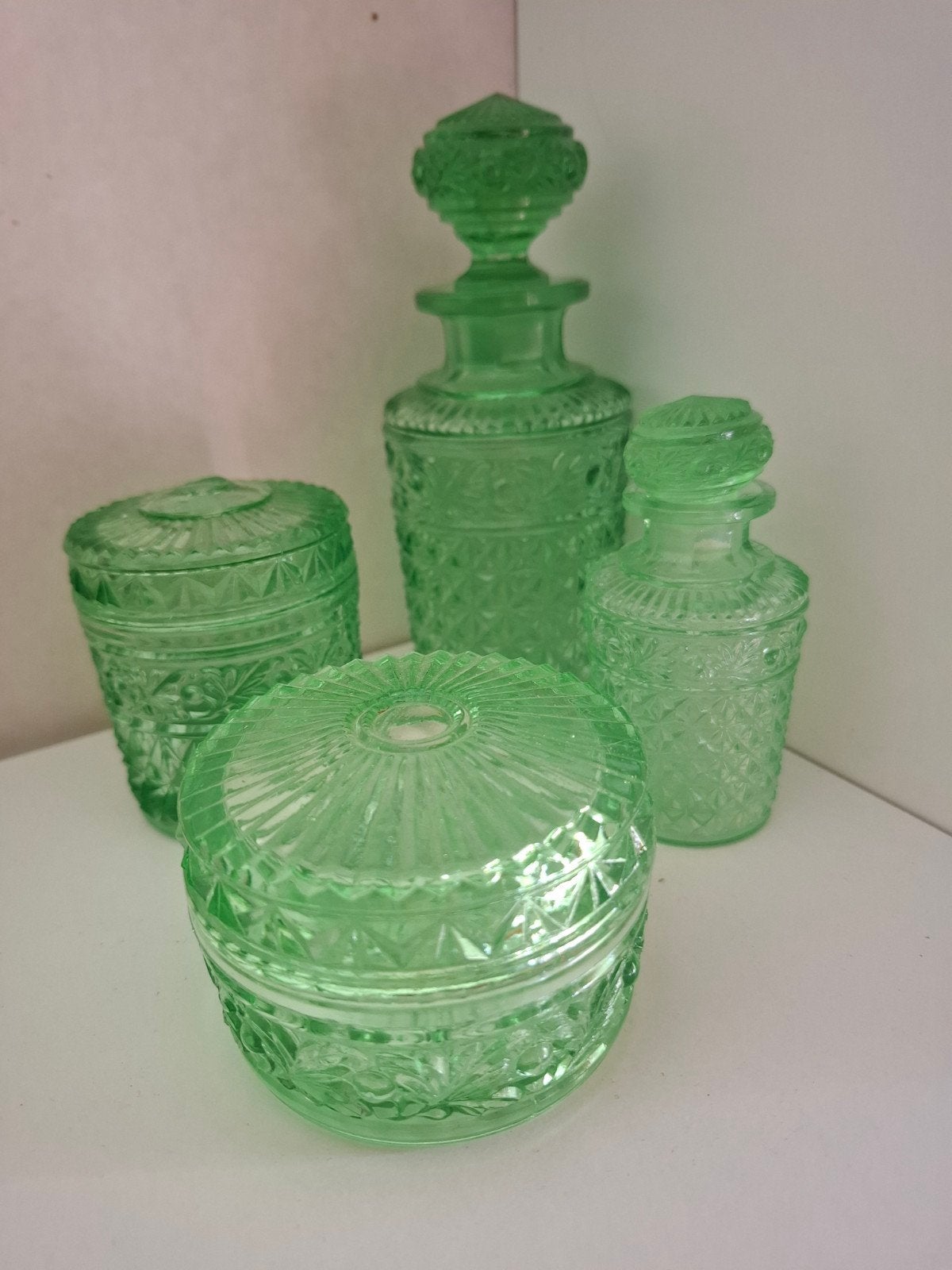 Vintage Groen Glas Set - Flessen en Potten, Antiek en Kunst, Ophalen