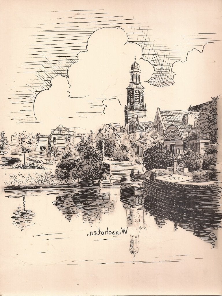 Winschoten Stadsgezicht tekening Sievers 1948, Antiek en Kunst, Kunst | Tekeningen en Foto's, Ophalen of Verzenden, Tekening, Pentekening