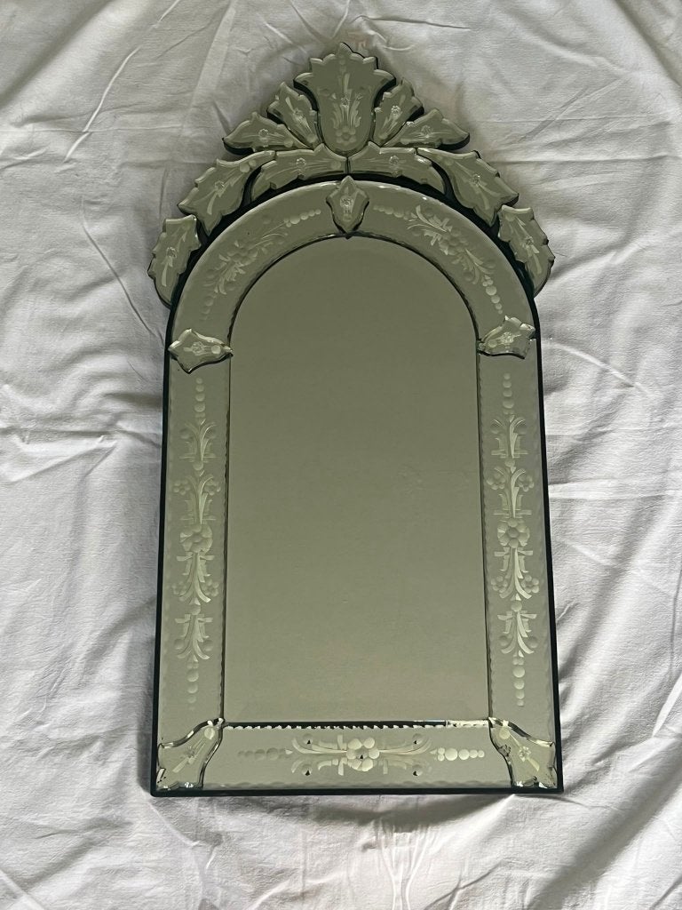 Vintage Venetiaanse spiegel – handgeëtst glas – 78  37,5 cm, Ophalen, Minder dan 50 cm, Zo goed als nieuw, Minder dan 100 cm