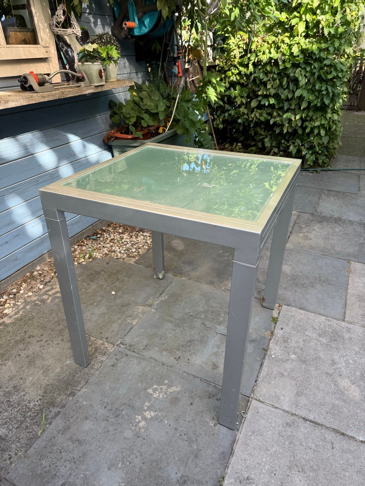Aluminium uittrekbare tafel met glazen blad, Ophalen of Verzenden, Gebruikt, Vierkant, Aluminium