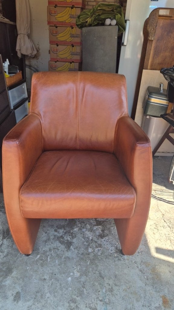 4x Cognac/bruin leren eetkamerstoelen, Ophalen, Gebruikt, Bruin, Leer
