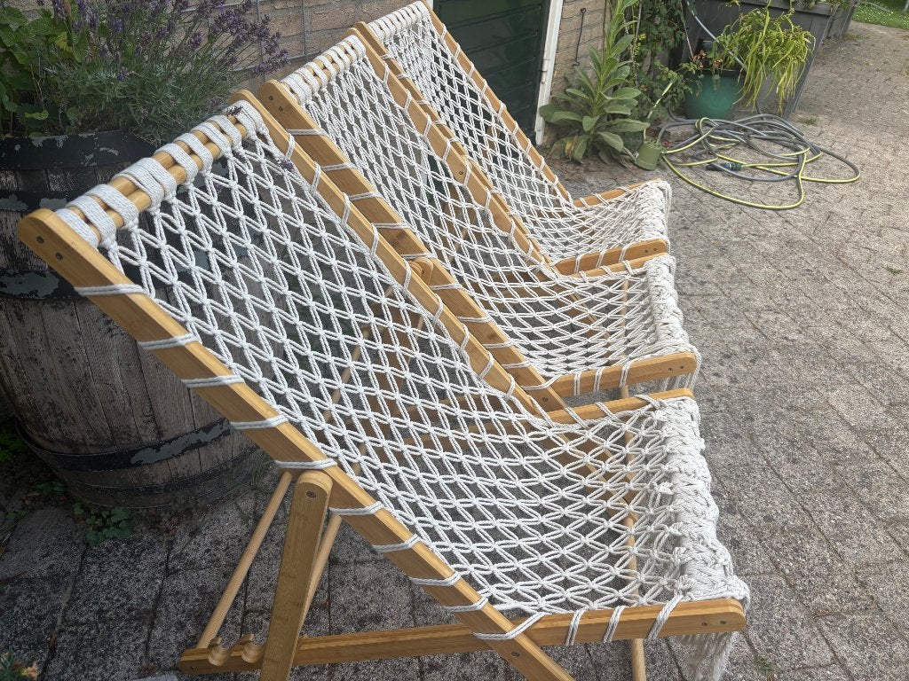 Ibiza macramé stoeltjes, Tuin en Terras, Tuinstoelen, Ophalen, Zo goed als nieuw, Hout, Inklapbaar