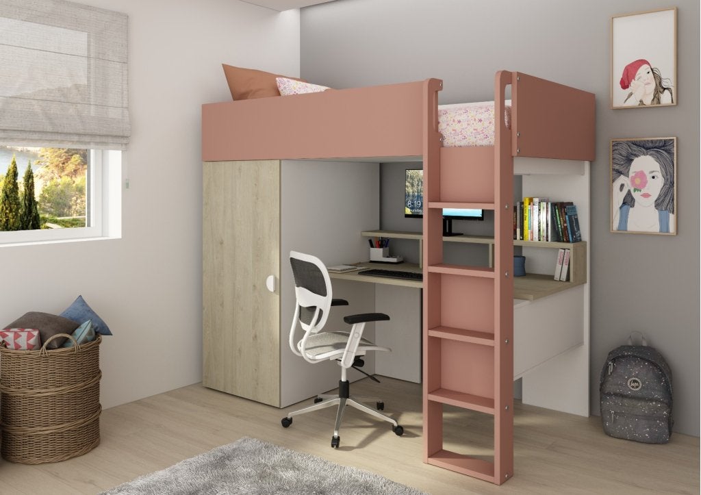 Flow hoogslaper met bureau en kast - 90x200 - Eiken/roze, Niet ingevuld, Niet ingevuld, Niet ingevuld