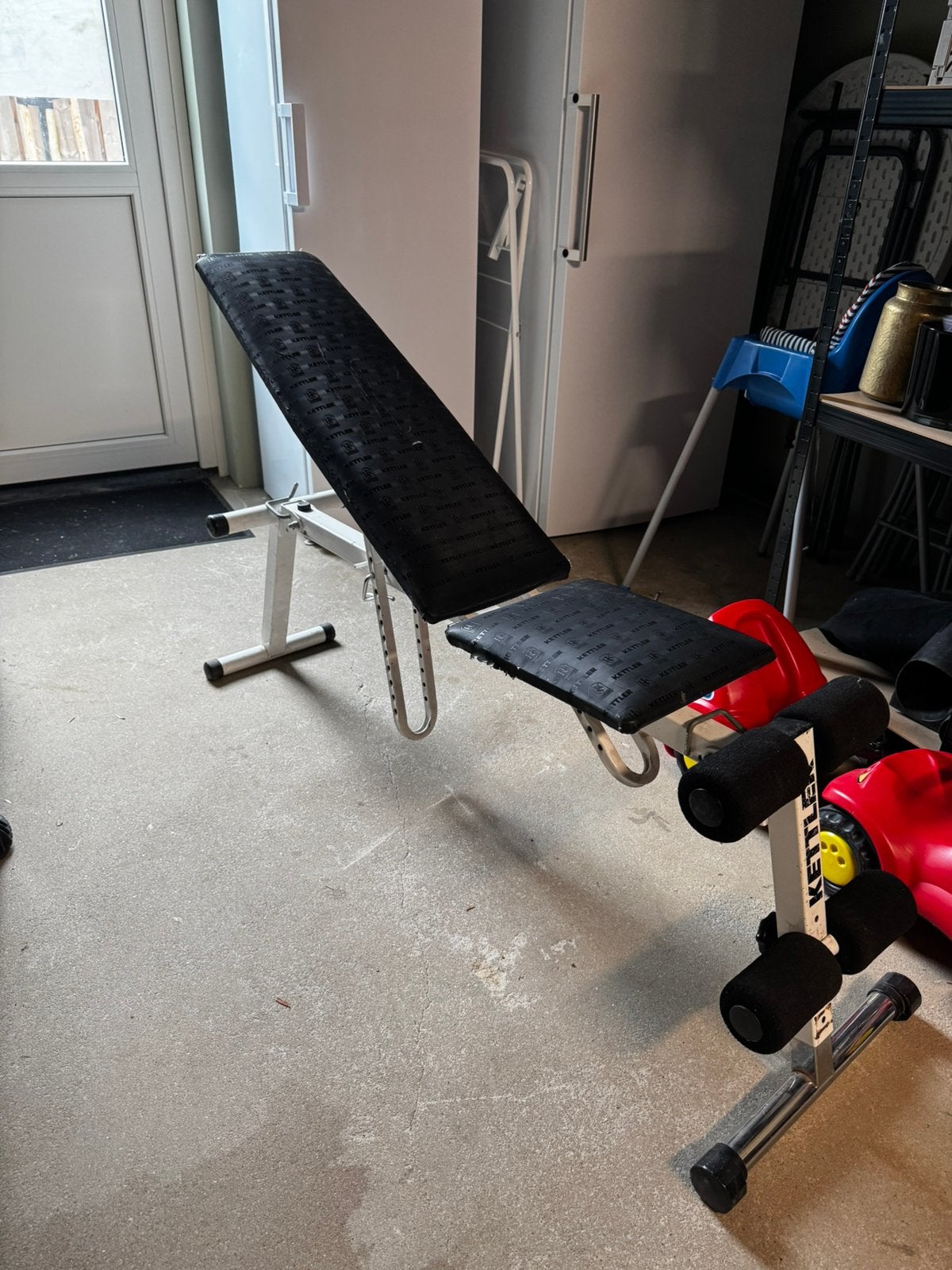 Halterset gietijzer 80 kg + 200 cm stang + Kettler bankje, Ophalen, Gebruikt