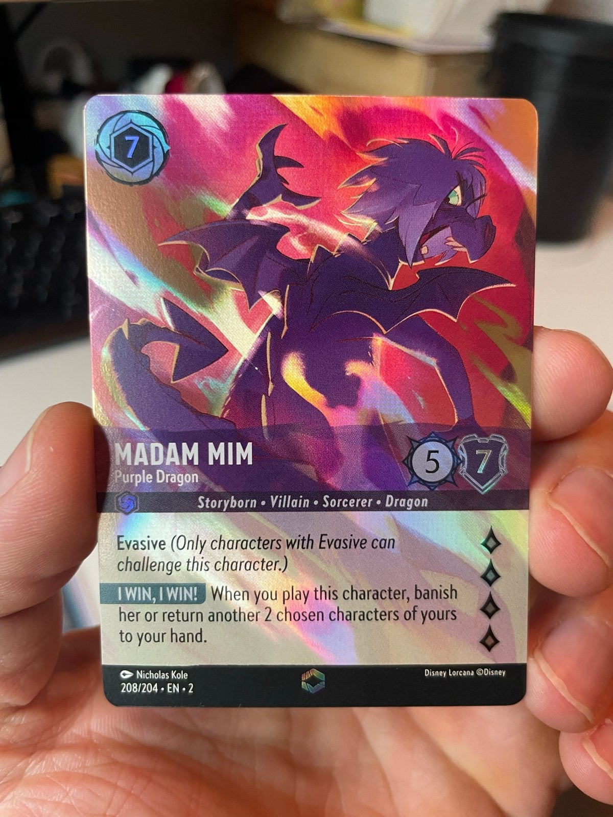 Disney Lorcana Madam Mim Purple Dragon Foil 208/204 EN-2, Ophalen of Verzenden, Zo goed als nieuw, Losse kaart, Foil