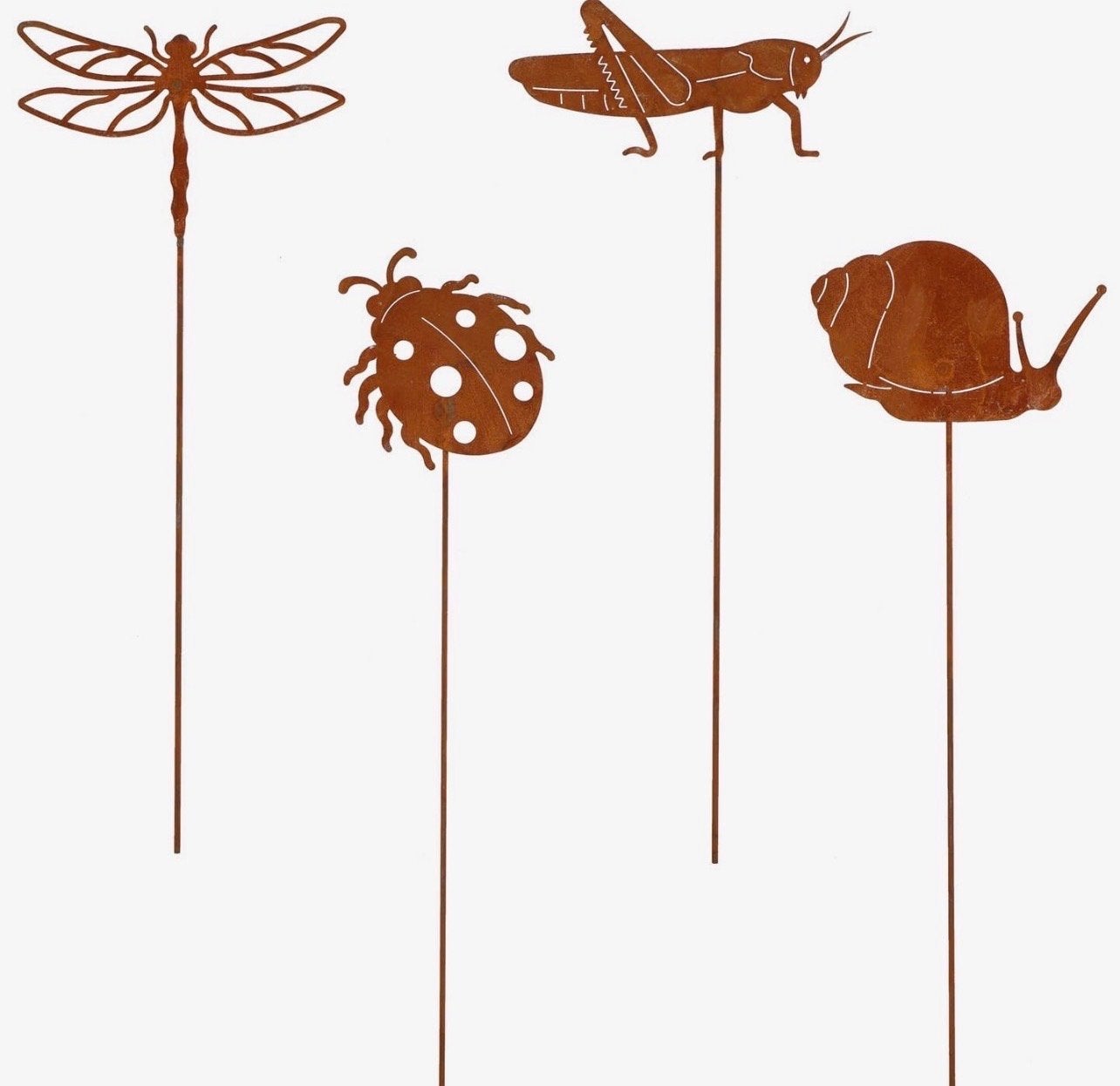 Tuinstekers roestbruin metaal insecten set van 4 - 60 cm, Tuin en Terras, Tuinbeelden, Ophalen of Verzenden, Nieuw, Metaal, Dierenbeeld