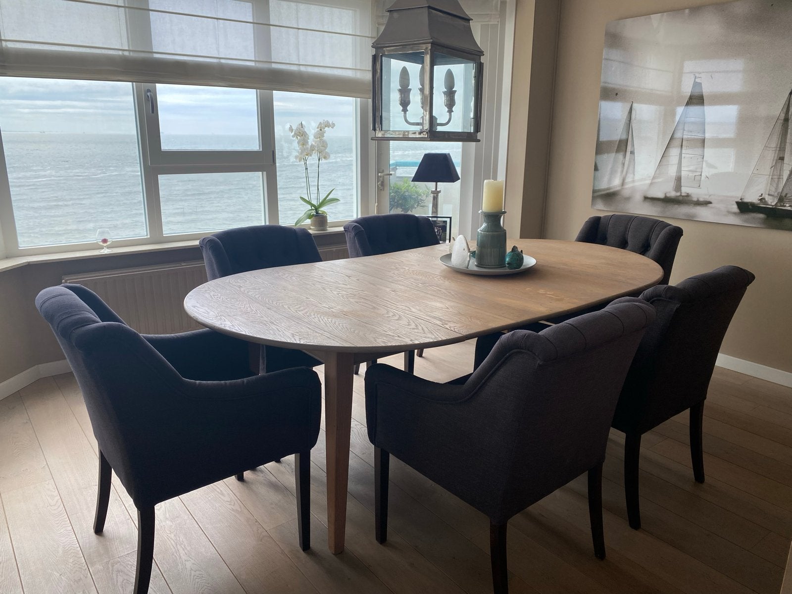 Set van 6 donkergrijze eetkamerstoelen met knopen, Huis en Inrichting, Stoelen, Ophalen, Gebruikt, Grijs, Vijf, Zes of meer stoelen