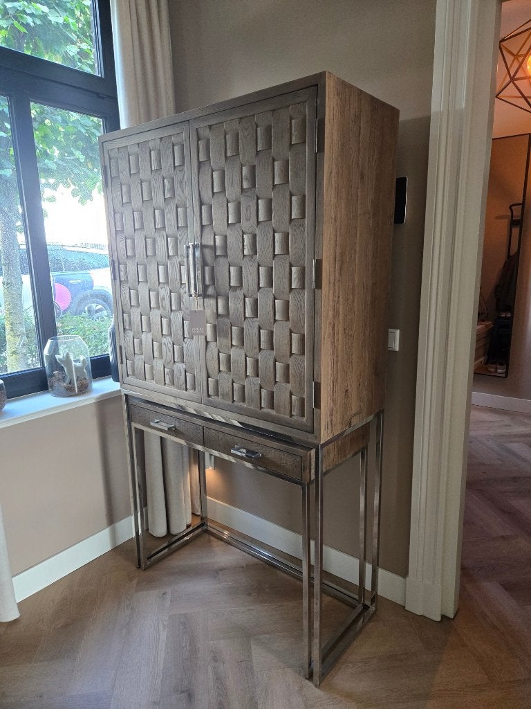NIEUW! Riviera Maison Southend Bar-cabinet/ kast - Eiken/RVS, Ophalen, Nieuw, Met lade(s), Minder dan 150 cm