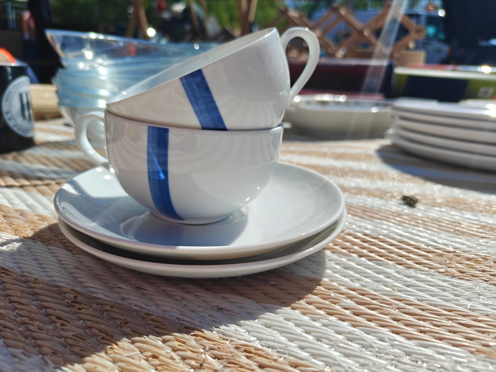 2 Kahla kop en schotels met blauwe streep, Huis en Inrichting, Keuken | Servies, Overige merken, Ophalen of Verzenden, Zo goed als nieuw