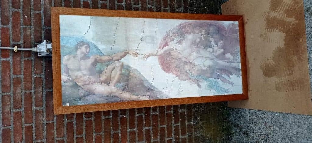 eikenhouten lijst schilderij Michelangelo schepping van Adam, Antiek en Kunst, Ophalen, Klassiek, Ingelijst, Portret of Personen