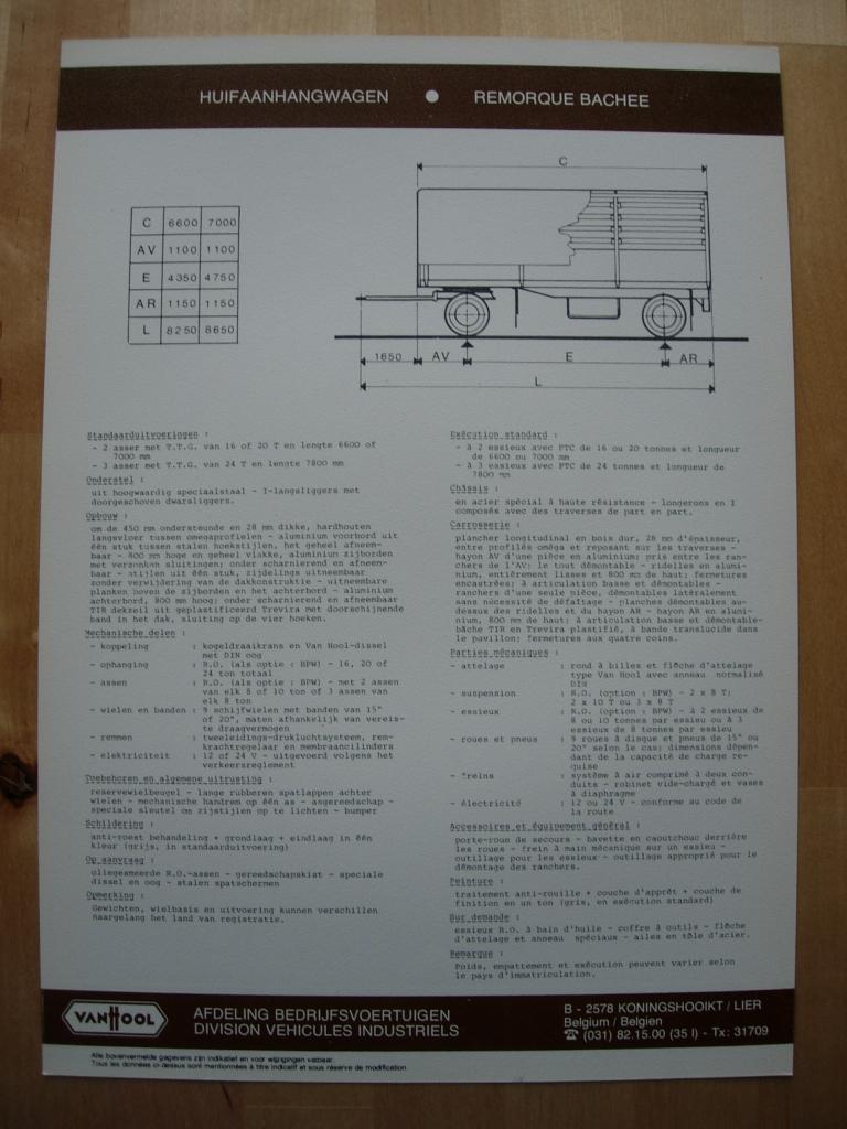Van Hool Huif Aanhangwagen Brochure ca 1975, Verzenden, Van Hool, Zo goed als nieuw, Overige merken