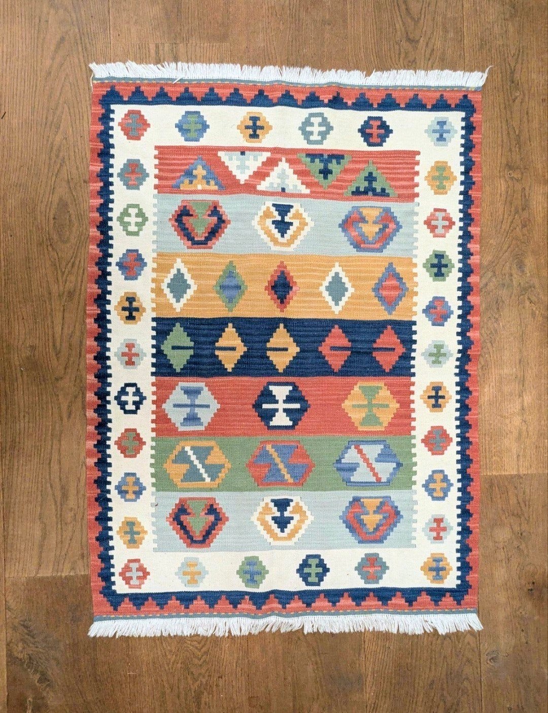 Kelim vintage tapijt vloerkleed handgeknoopte Turkije, Huis en Inrichting, Blauw, Boho, 200 cm of meer, Zo goed als nieuw