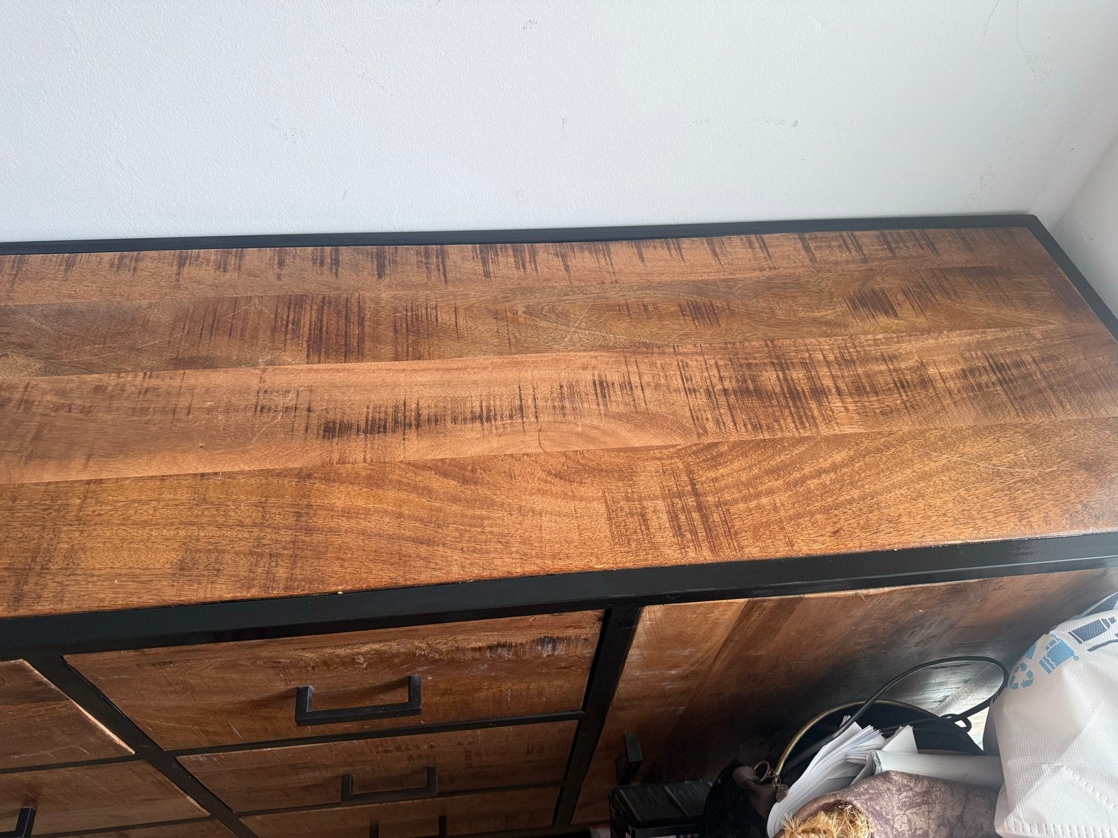 Industriële ladekast/dressoir van mangohout 180 cm en metaal, Ophalen, Gebruikt, 100 tot 150 cm, Met lade(s)
