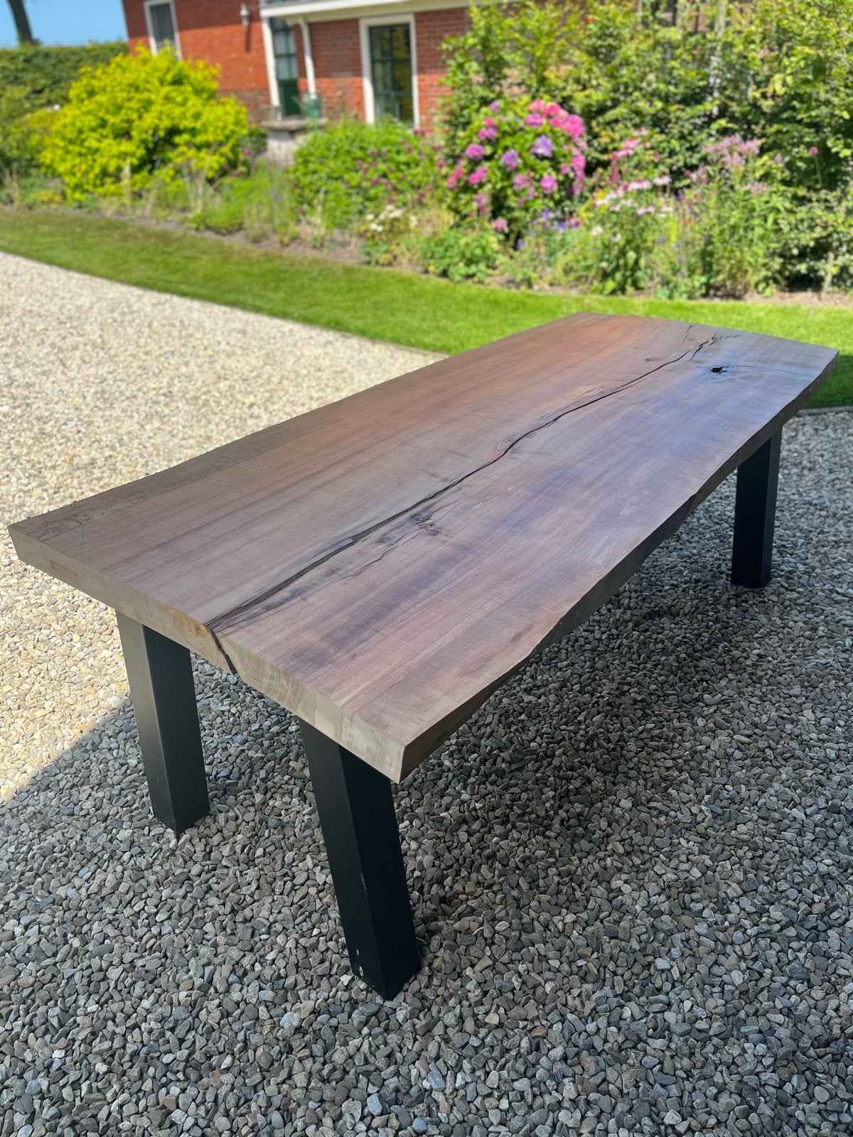 Massief houten eettafel met metalen poten, Ophalen, Japandi, 100 tot 150 cm, Vijf personen of meer