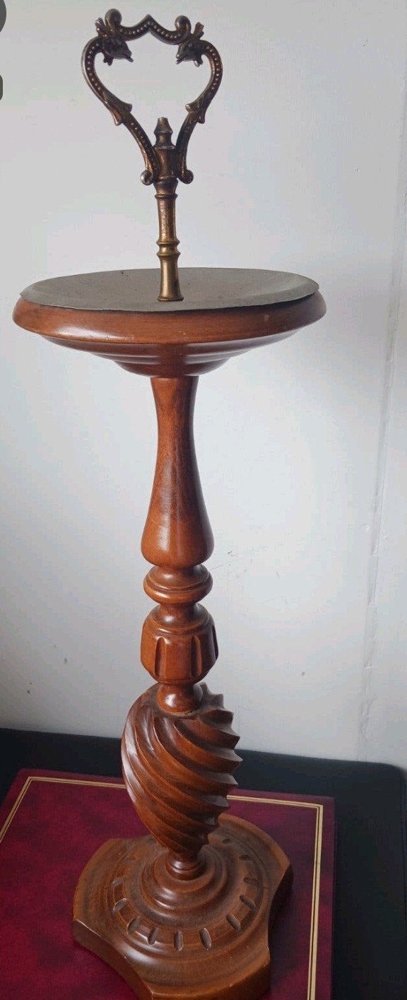Antieke houten asbak met bronzen handvat, Ophalen of Verzenden
