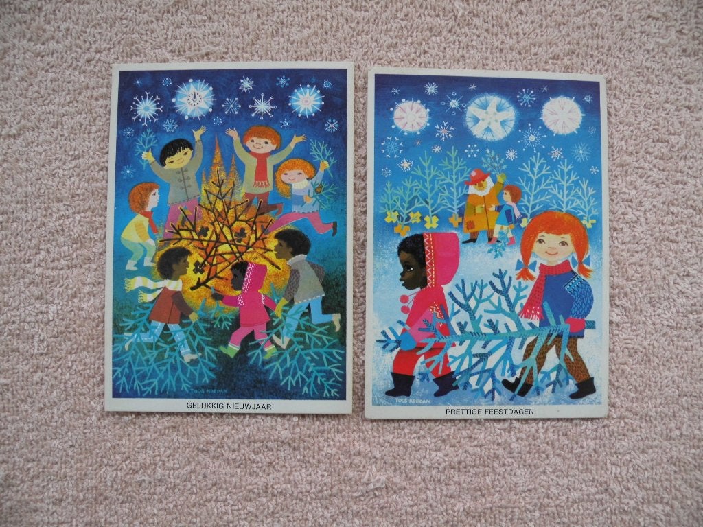 2 Oude Kerst- en Nieuwjaarskaarten - Jaren '60, Ophalen of Verzenden, 1960 tot 1980, Gelopen, Feest(dag)