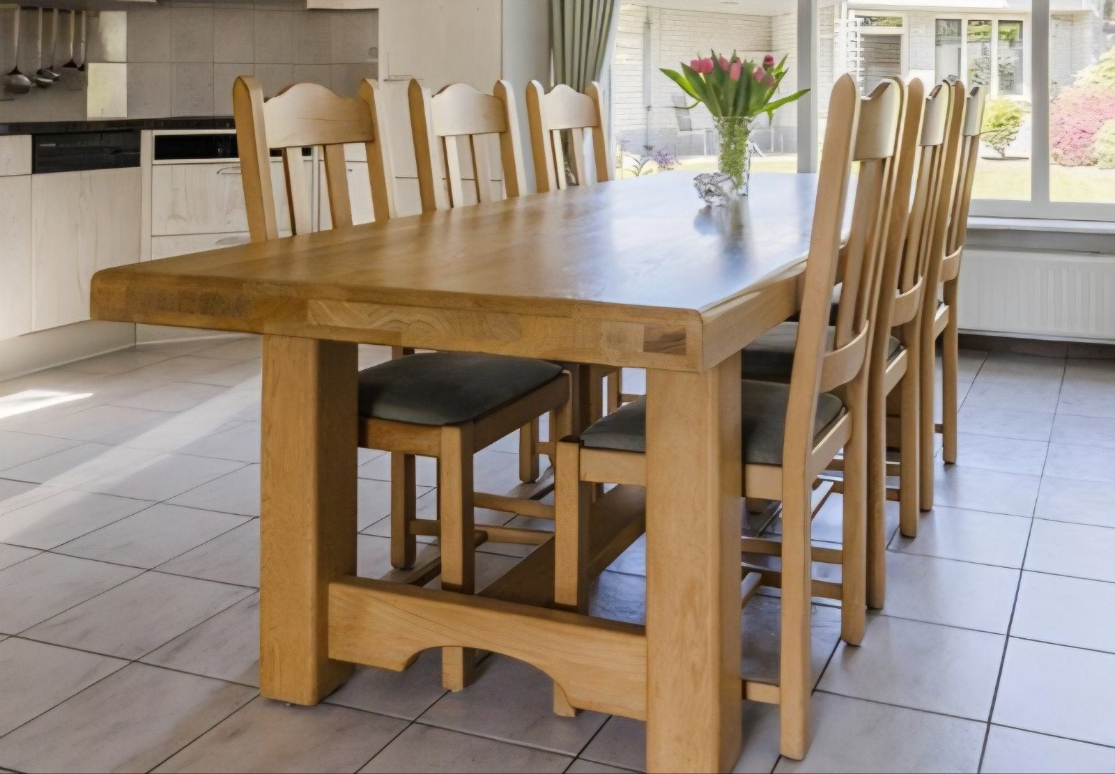 Massief eiken tafel met 6 stoelen., Huis en Inrichting, Ophalen, Gebruikt, Eikenhout, 200 cm of meer