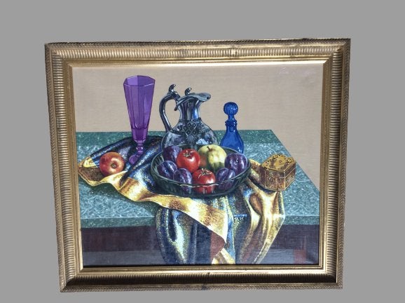 Schilderij Frits ten Hage, fruitschaal met marrokkaans doek, Antiek en Kunst, Ophalen of Verzenden, Realistisch, Origineel werk