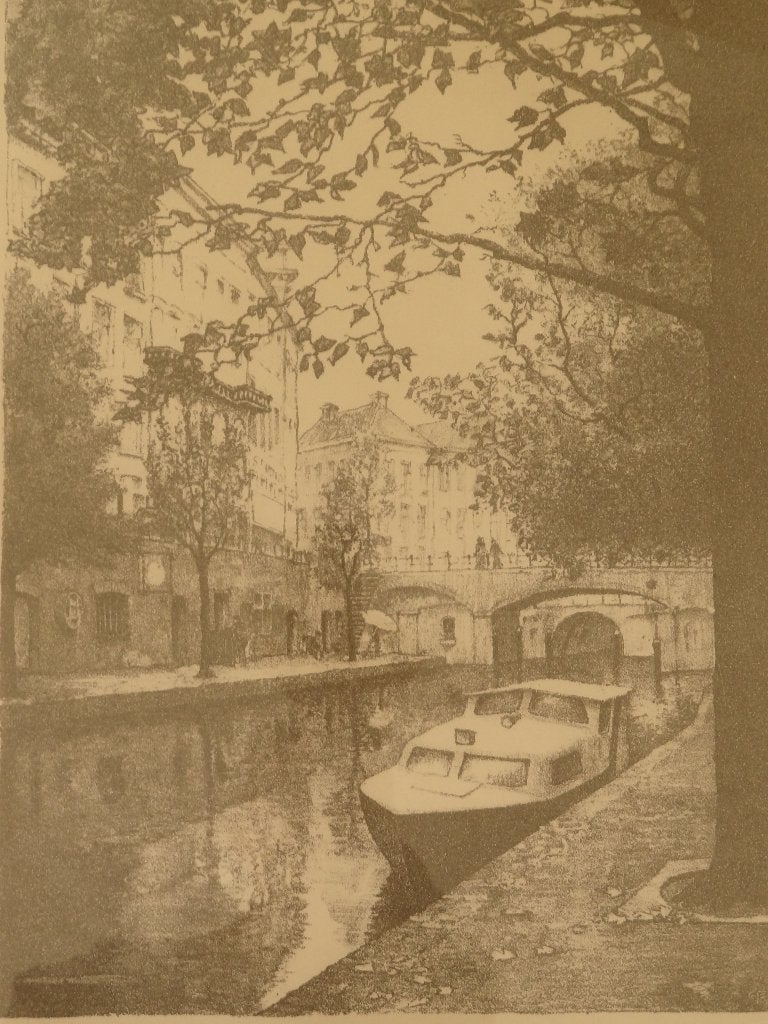 steendruk Oude Gracht met boot Utrecht monogram GP, 1983, Antiek en Kunst, Kunst | Litho's en Zeefdrukken, Origineel, Verzenden