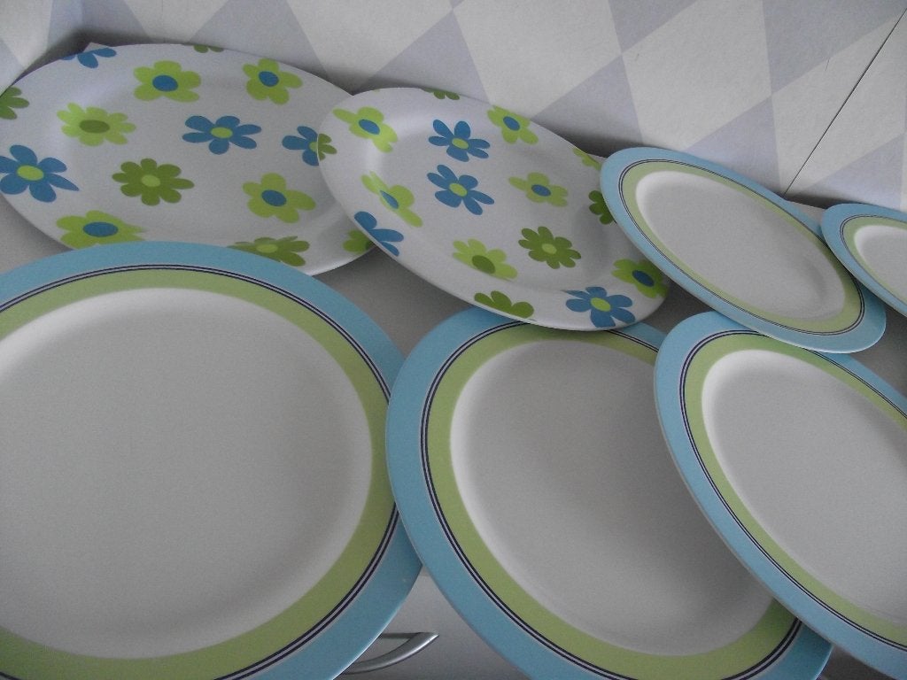 2 blauw groen Mepal bloemen bord 25 cm Camping servies p st, Caravans en Kamperen, Ophalen of Verzenden, Zo goed als nieuw