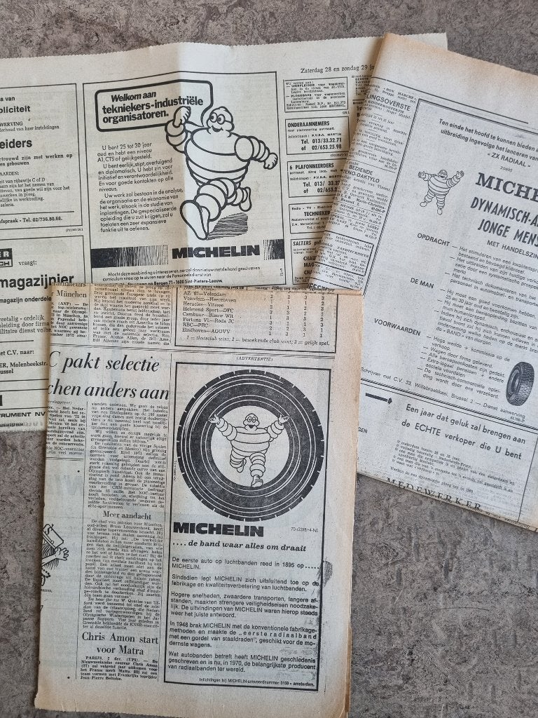 Drie advertenties Michelin autobanden (1969, 1970, 1978), Ophalen of Verzenden, 1960 tot 1980, Knipsel(s)