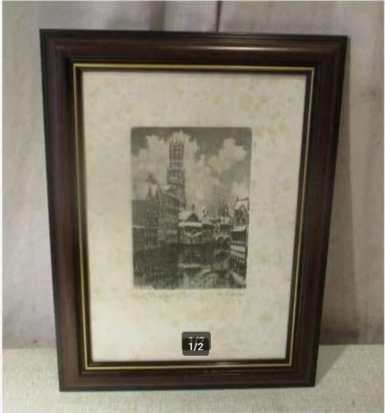 Mooi Oude Ets 'Oud Brugge' - gesigneerd, Antiek en Kunst, Kunst | Etsen en Gravures, Ophalen of Verzenden, Ets, Ingelijst