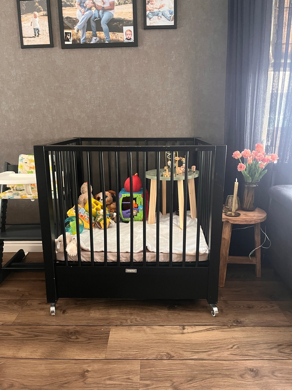 Bopita box op wielen met lade, incl. matras en hoeslaken, Ophalen, Gebruikt, Vierkant, Lade