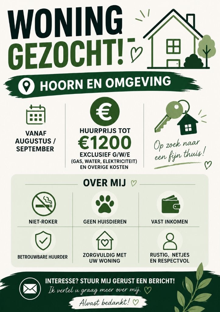 Met spoed woning gezocht regio Hoorn ‼️