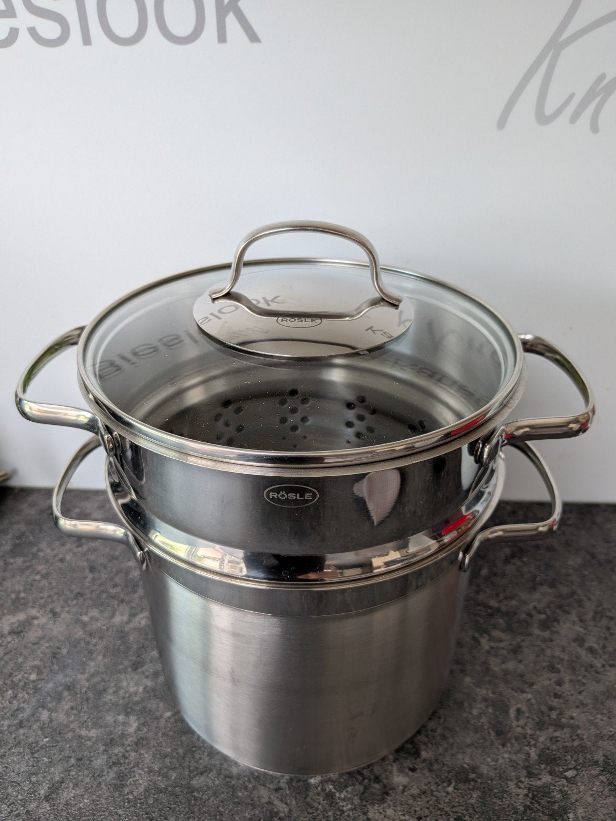 Rösle pasta / Kookpan met stoominzet en deksel - RVS 18/10, Met deksel, Ophalen of Verzenden, Zo goed als nieuw, Rvs