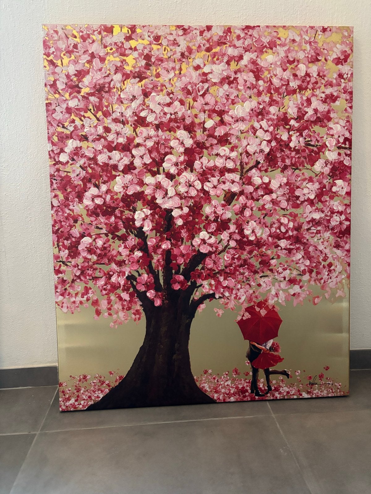 Schilderij Bloesemboom met verliefd stel - Romantische kunst, Antiek en Kunst, Handgeschilderd, Ophalen of Verzenden, Textiel