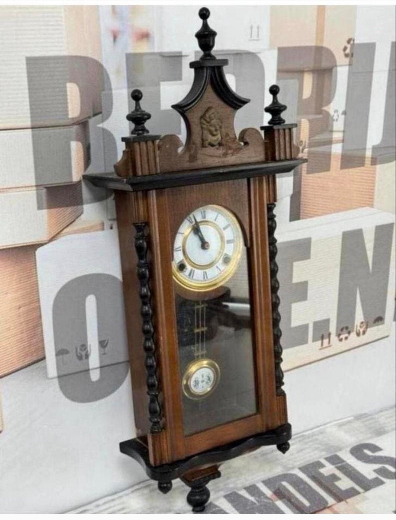 1875-1900 Antiek antieke Klok Velona Regulator hout wandklok, Ophalen of Verzenden