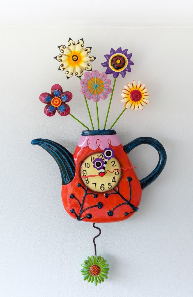 Vrolijke klok in de vorm van een gieter met bloemen, Ophalen, Analoog, Nieuw, Stil uurwerk