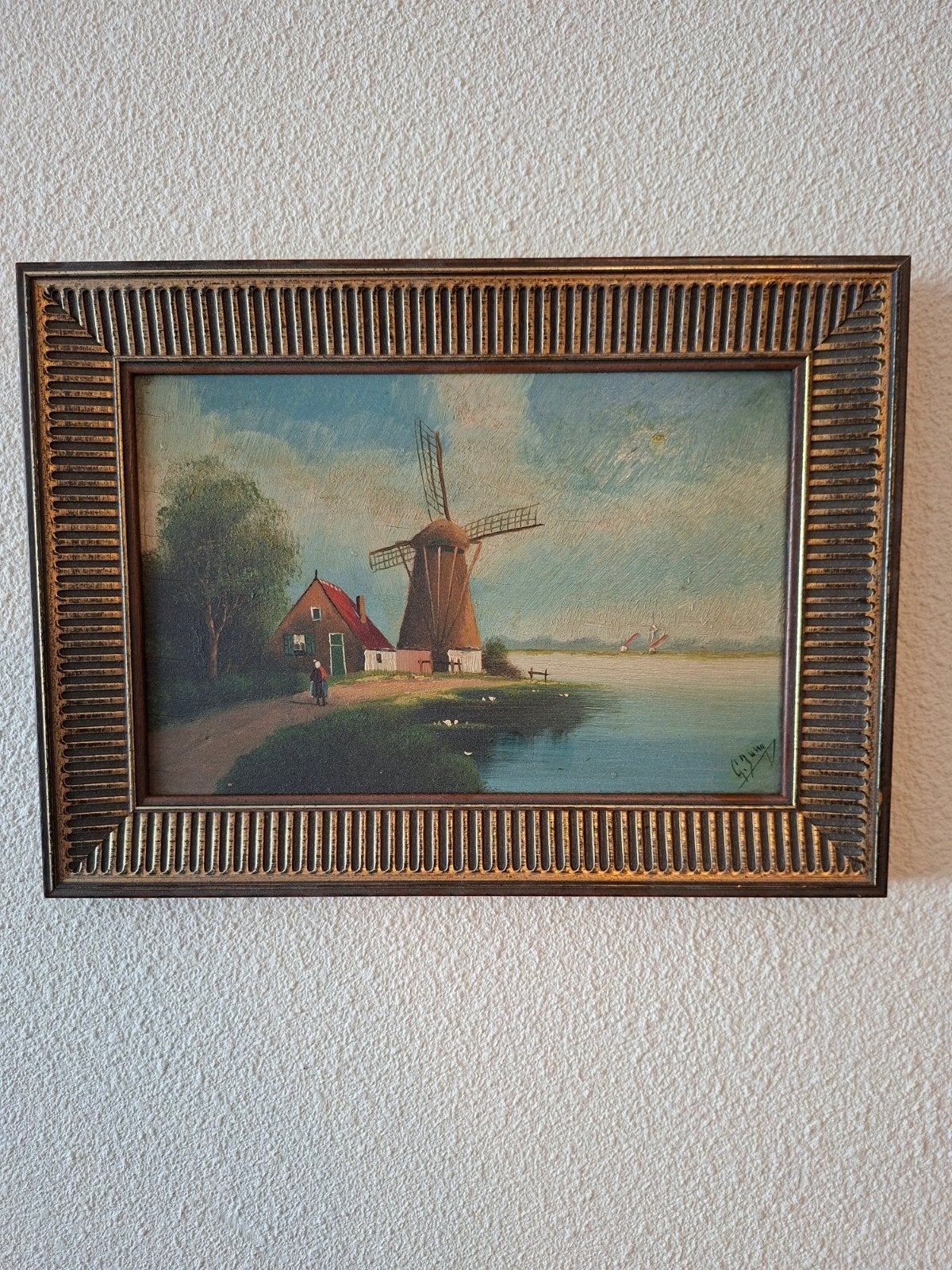 Hollands Molenlandschap door Johann Jungblut, Paneel, Ophalen of Verzenden, Landschap, Klassiek