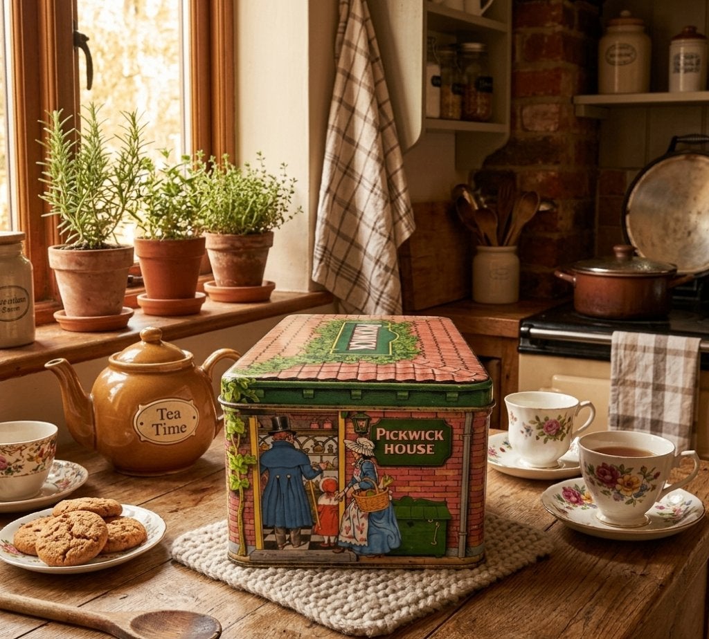 vintage 80's- D.E. the pickwick house-charles dickens blik, Ophalen of Verzenden, Gebruikt, Thee, Douwe Egberts
