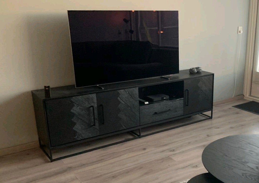 TV-meubel Vinito 199 cm zwart eiken visgraat, Ophalen, 150 tot 200 cm, Eikenhout, Zo goed als nieuw