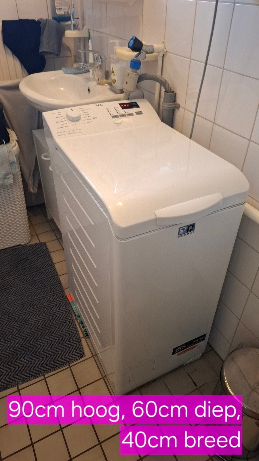 AEG Bovenlader Wasmachine 6 kg, werkt goed, Ophalen, 1200 tot 1600 toeren, Kort programma, 85 tot 90 cm