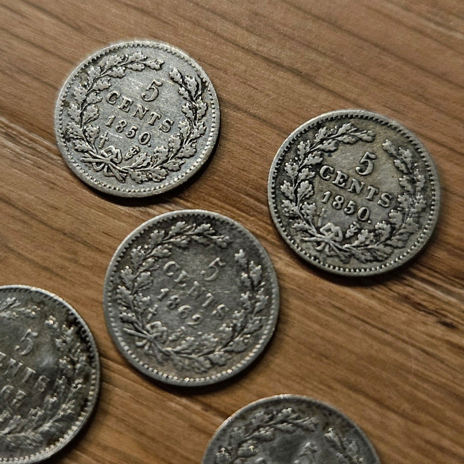 6x zilveren Nederlandse cent munt Koning Willem III, Koning Willem III, Setje, Zilver, Ophalen of Verzenden