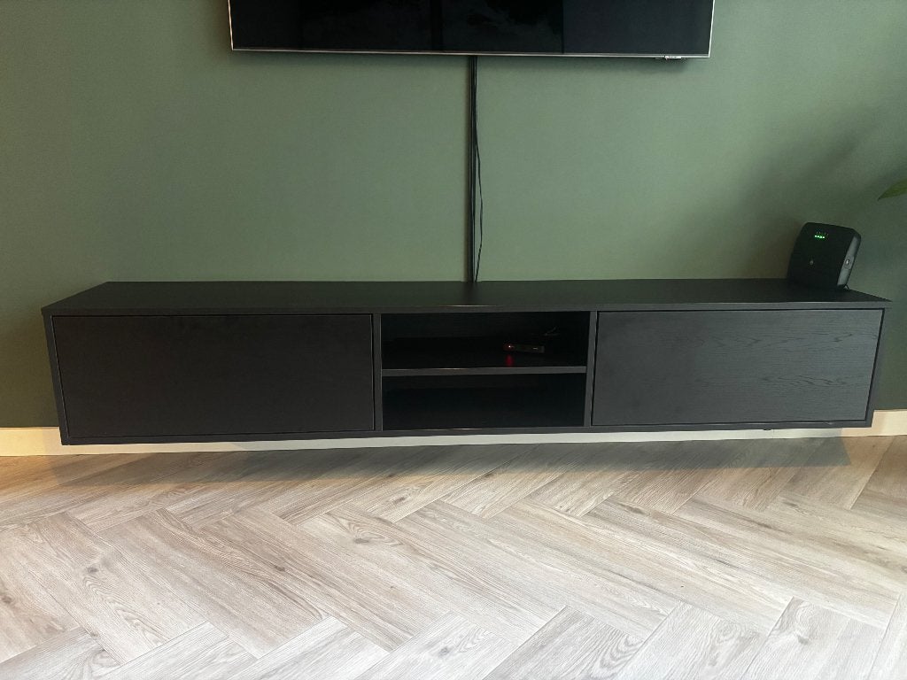 Zwarte tv meubel, Ophalen, Gebruikt, 150 tot 200 cm, Eikenhout